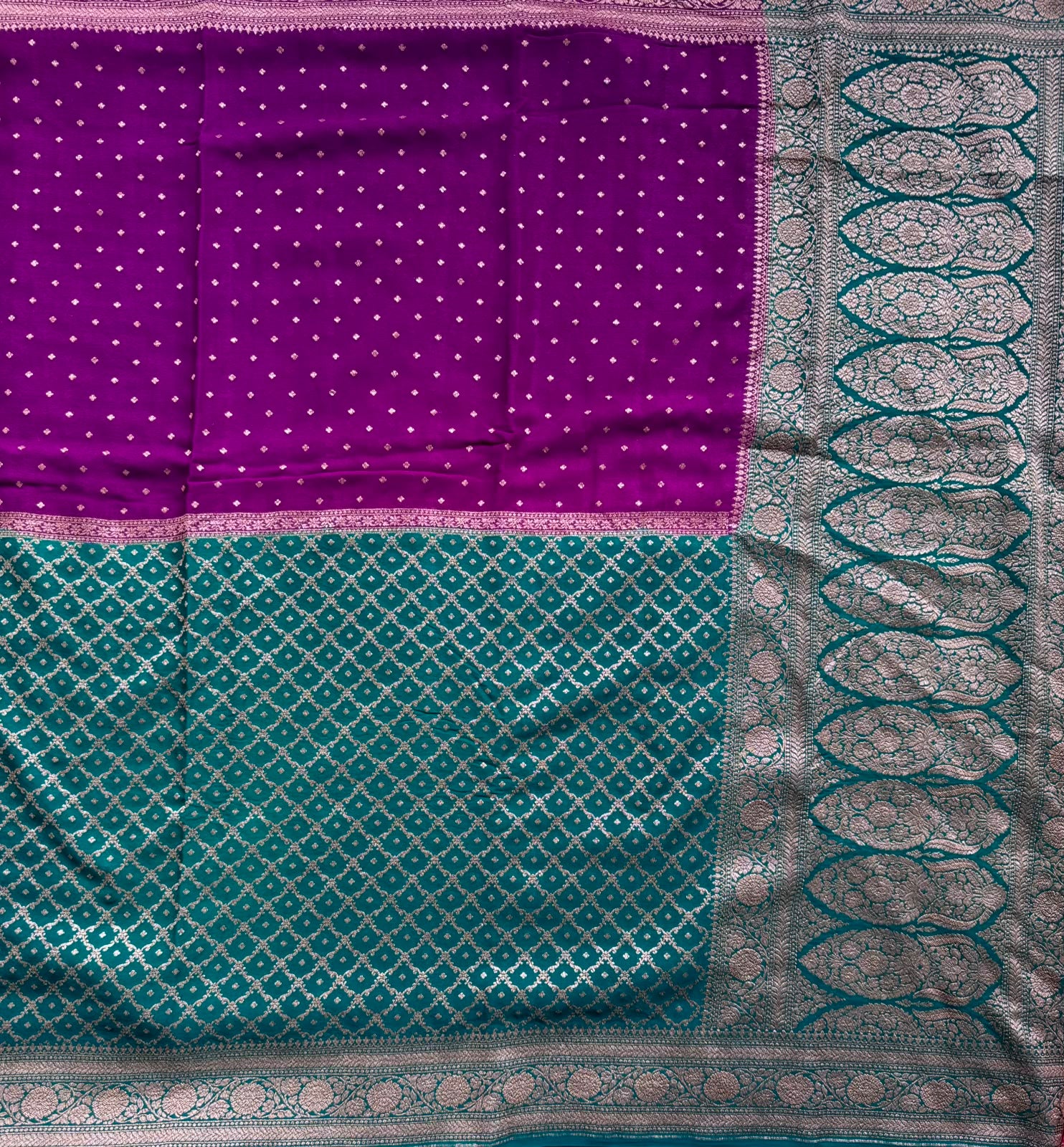Green n Wine Half n Half Benarasi Crepe Saree 107