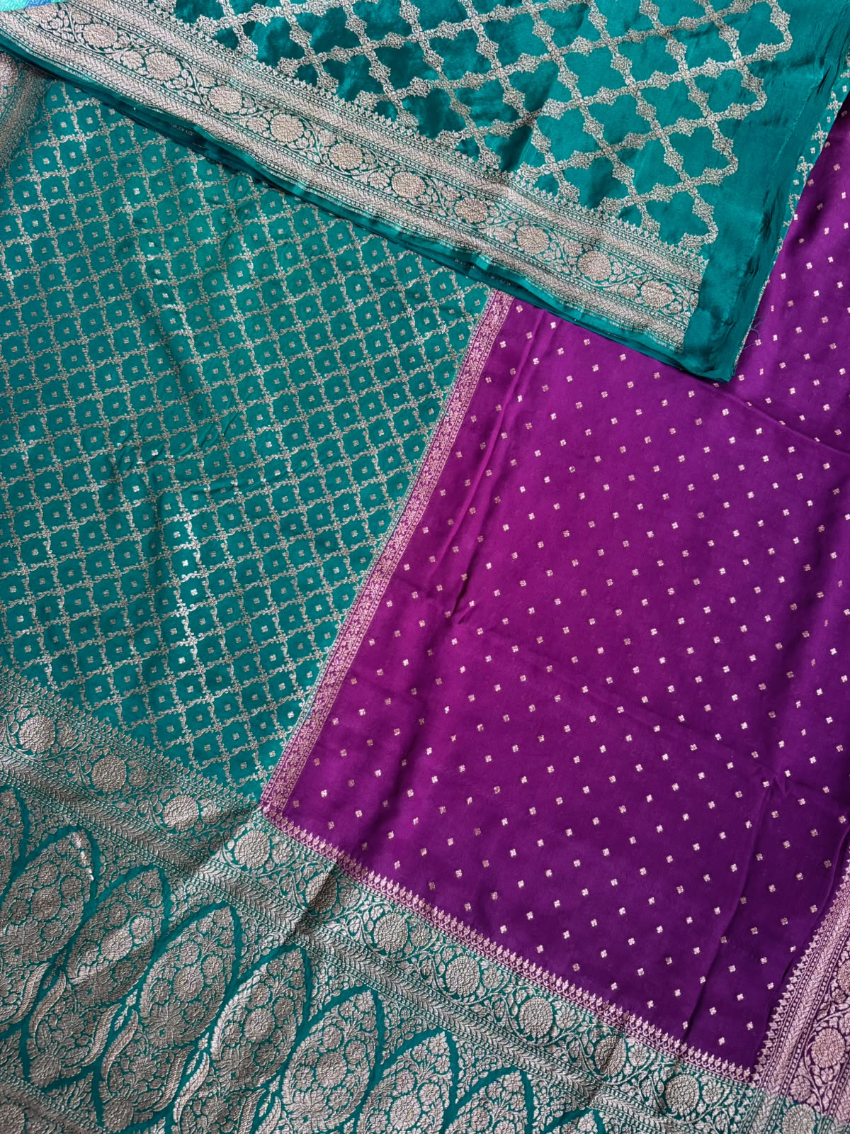 Green n Wine Half n Half Benarasi Crepe Saree 107