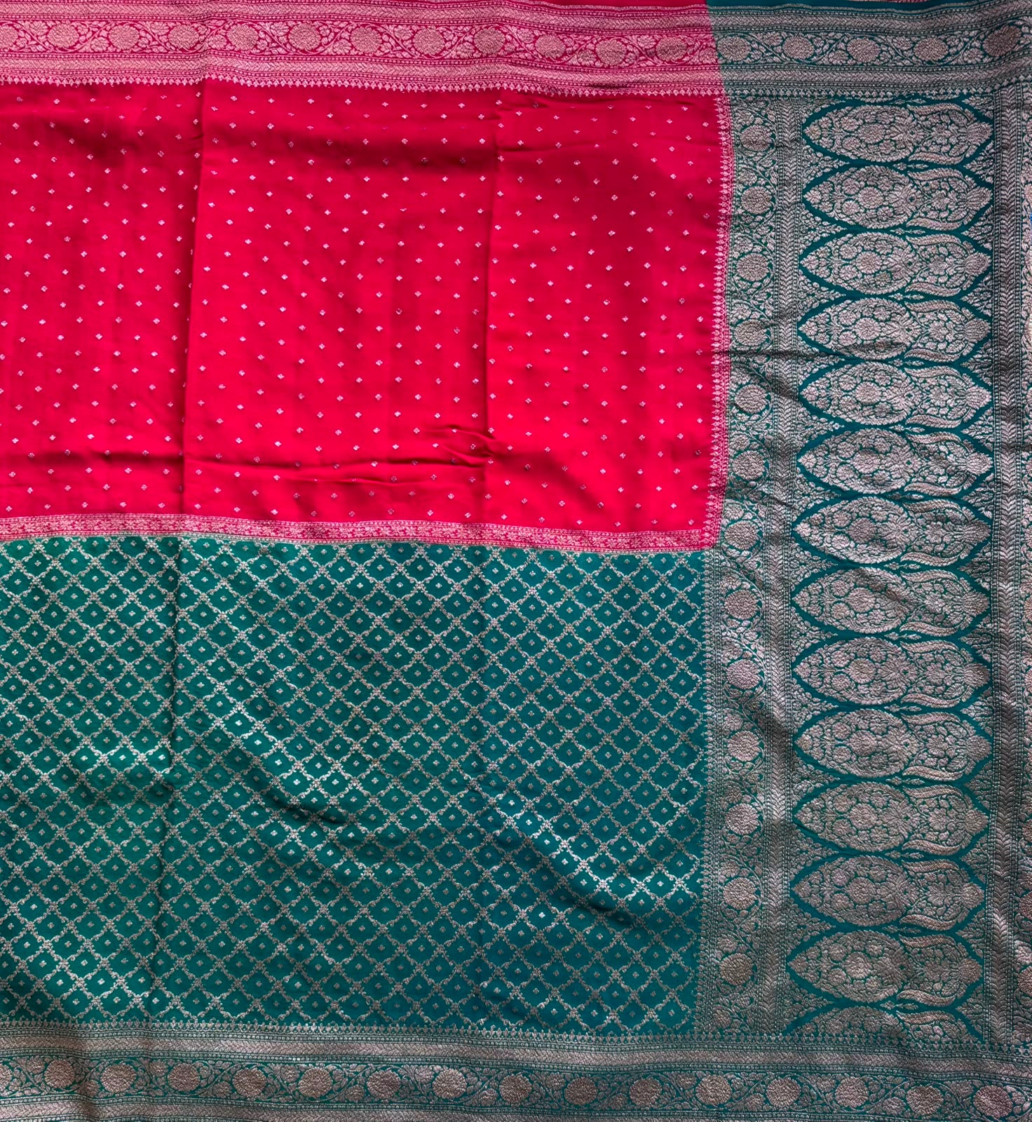 Green n Red Half n Half Benarasi Crepe Saree 107