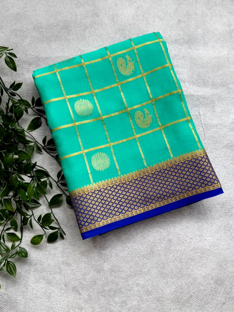 Rama Green Checks Pure Mysore Crepe Silk Saree 107