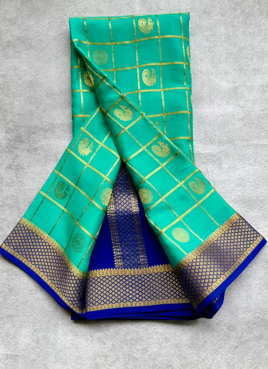 Rama Green Checks Pure Mysore Crepe Silk Saree 107