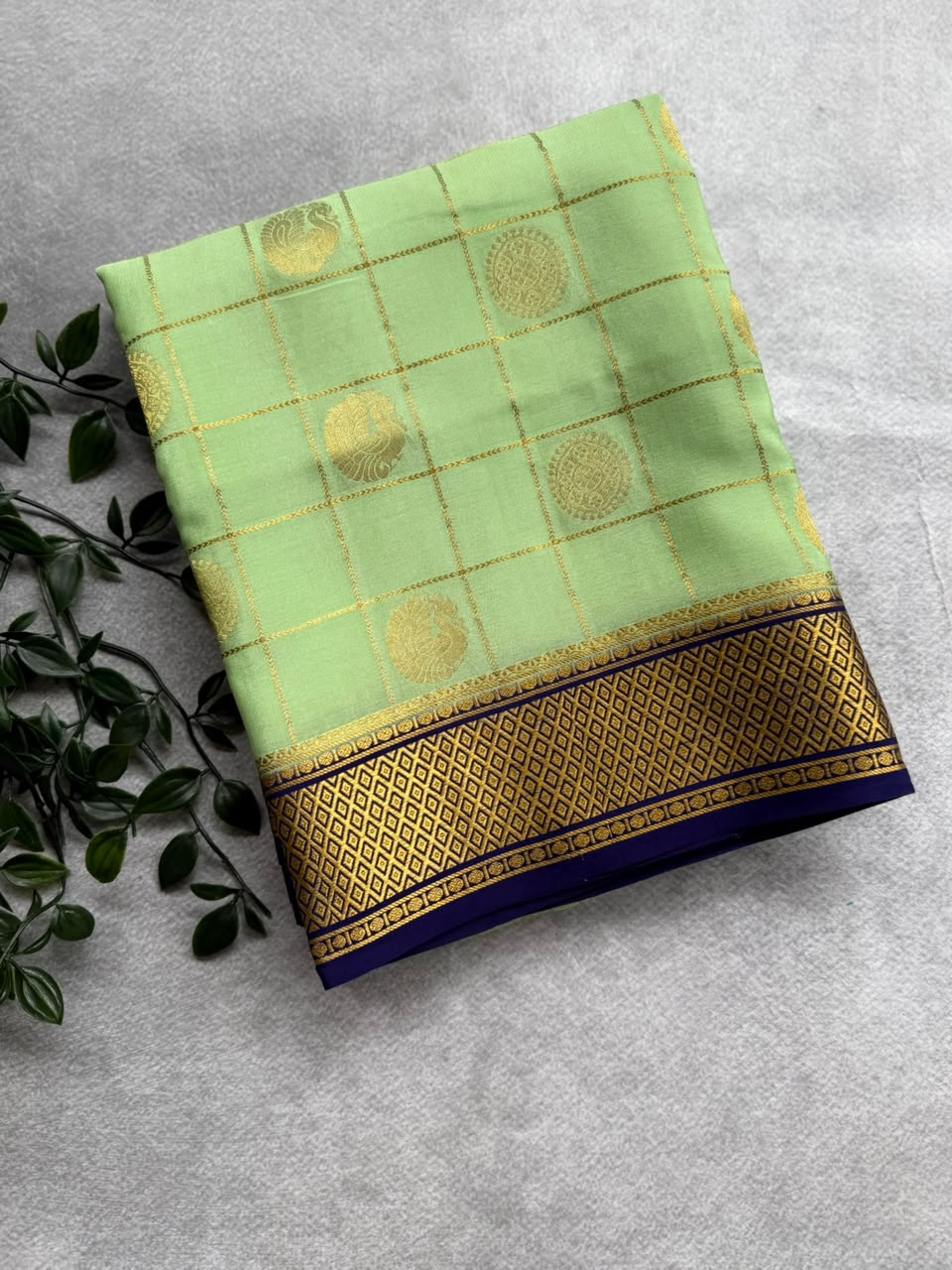 Pastel Green Checks Pure Mysore Crepe Silk Saree 107