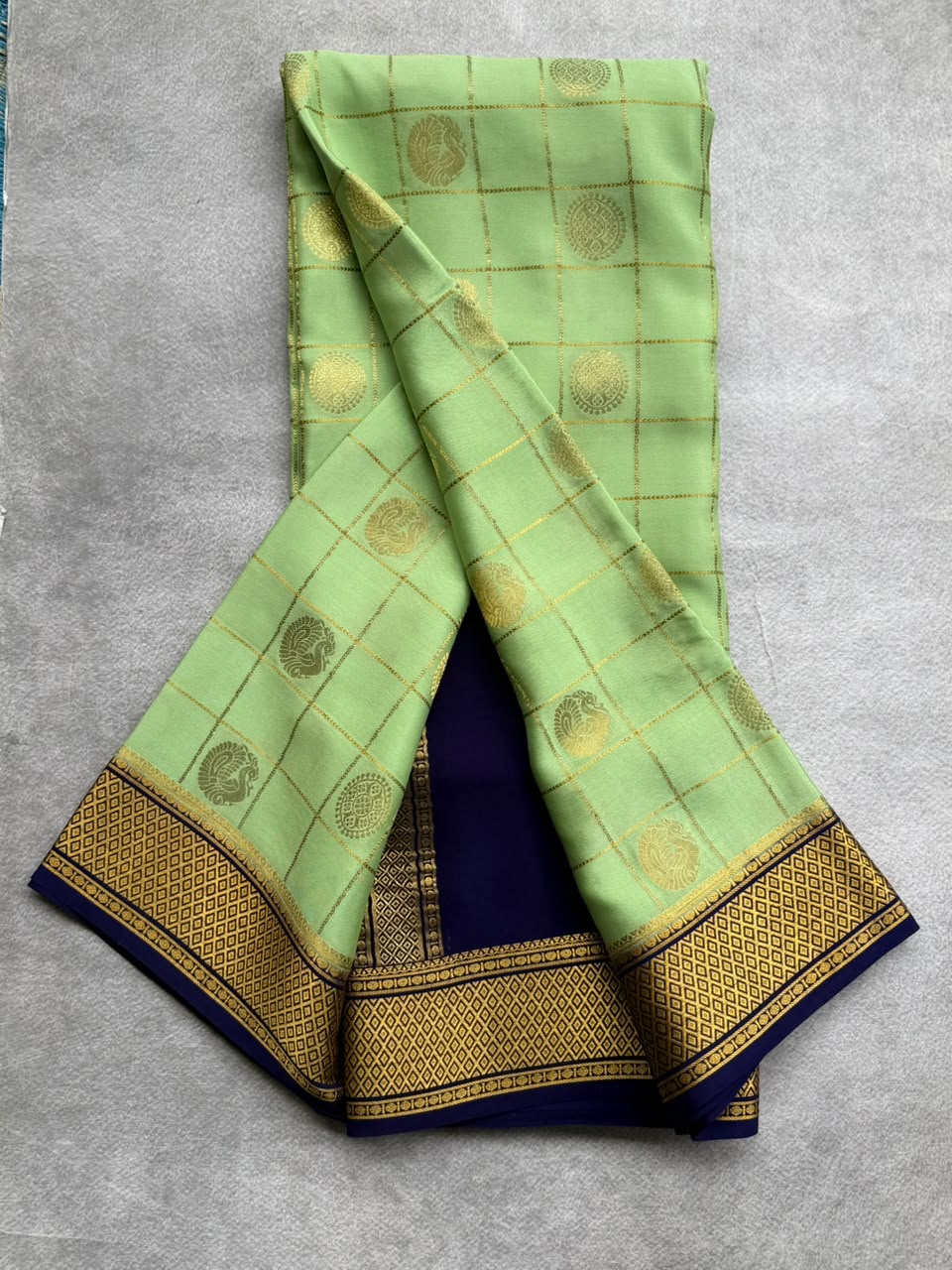 Pastel Green Checks Pure Mysore Crepe Silk Saree 107
