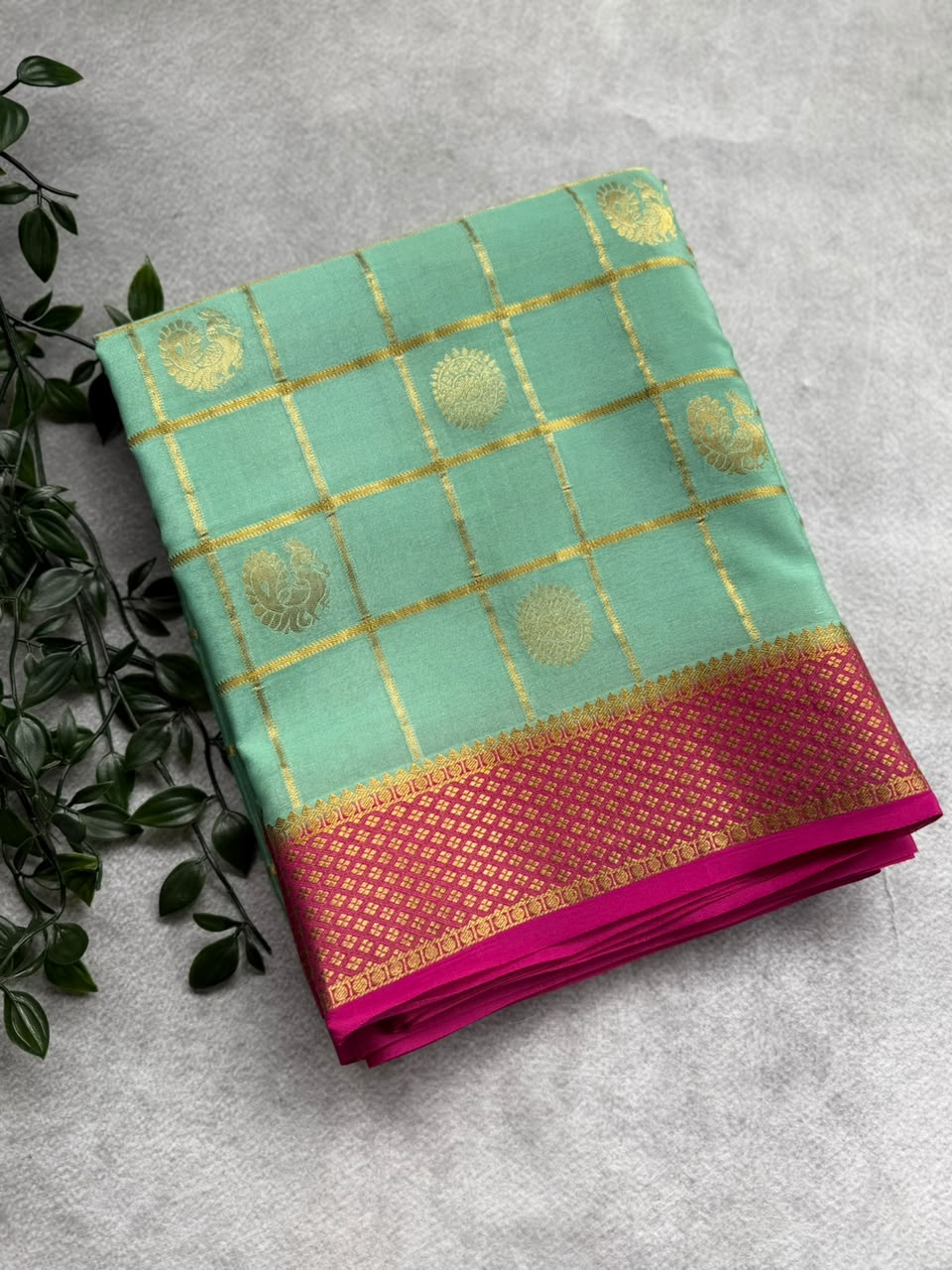 Pastel Blue Checks Pure Mysore Crepe Silk Saree 107