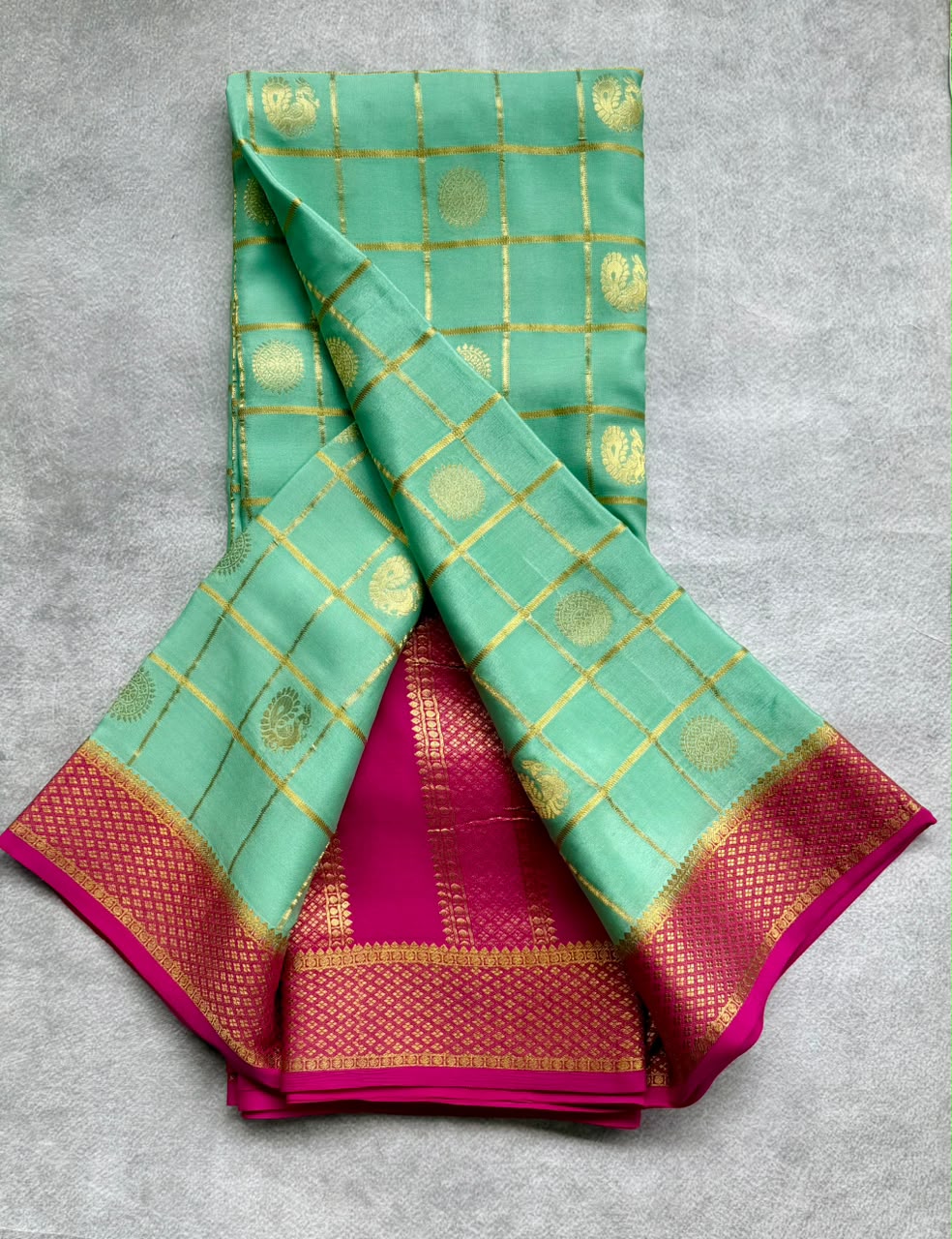 Pastel Blue Checks Pure Mysore Crepe Silk Saree 107