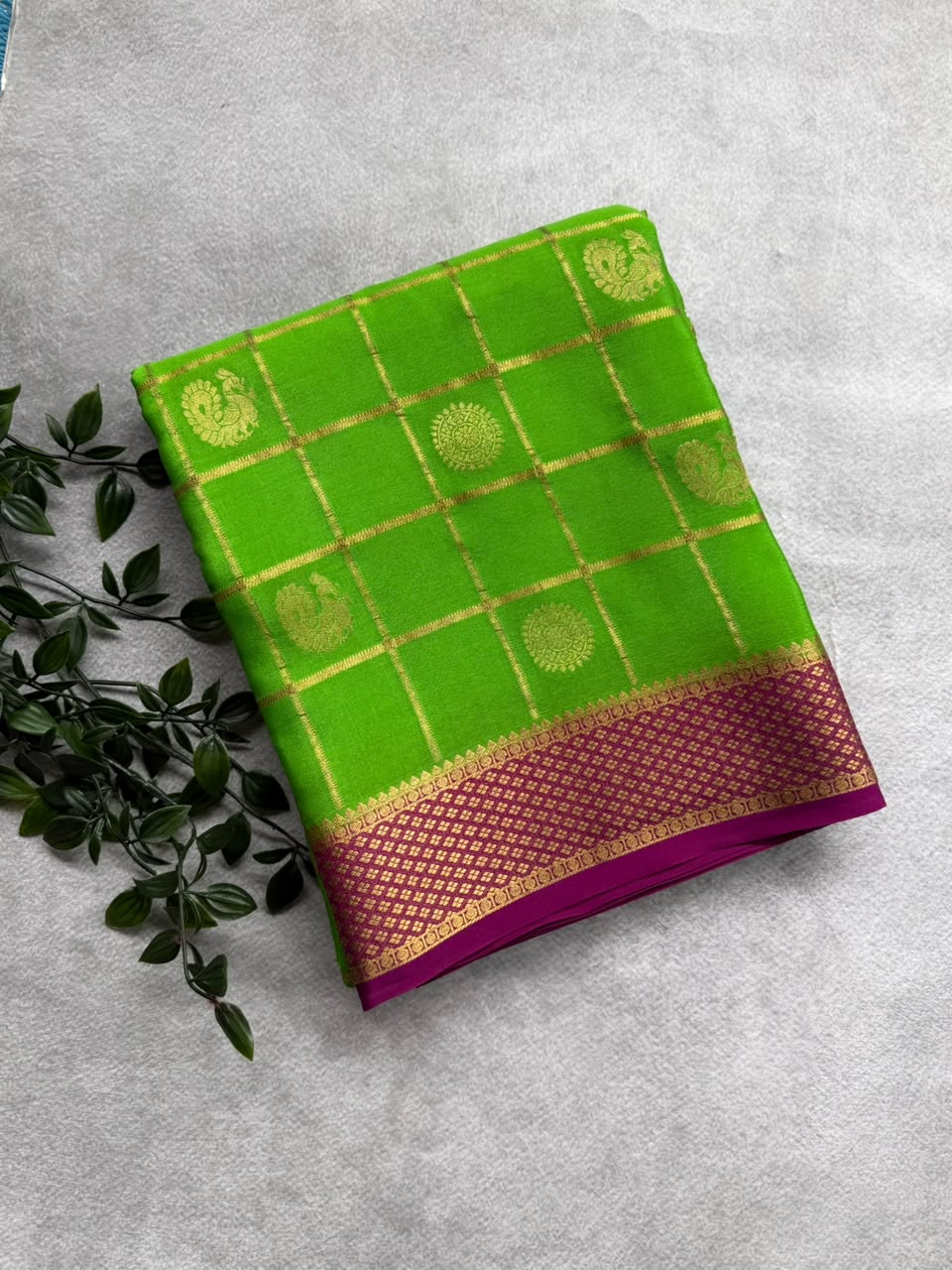 Neon Green Checks Pure Mysore Crepe Silk Saree 107
