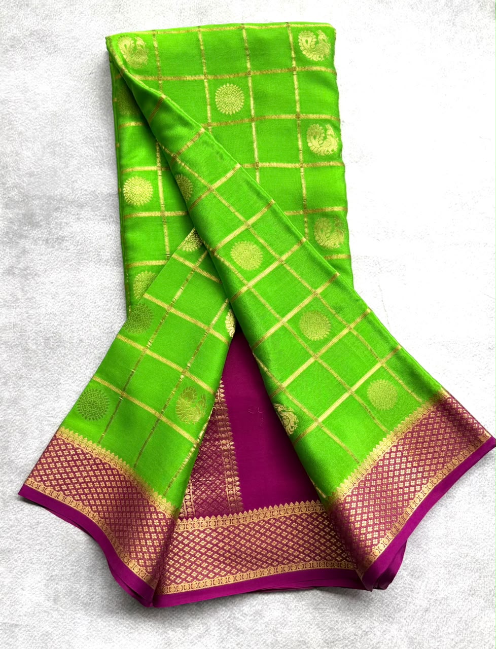 Neon Green Checks Pure Mysore Crepe Silk Saree 107