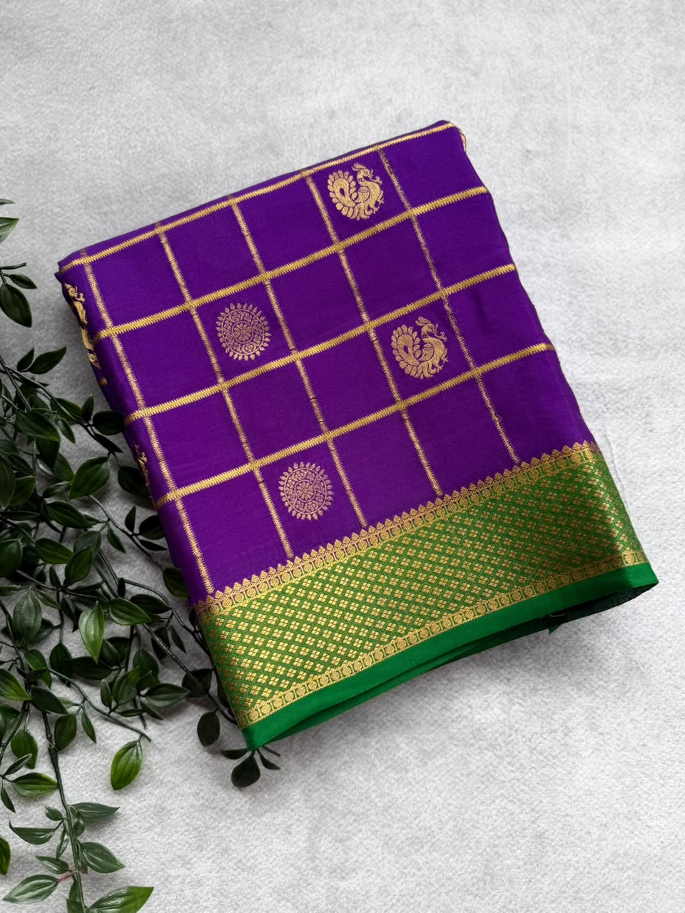 Purple Checks Pure Mysore Crepe Silk Saree 107