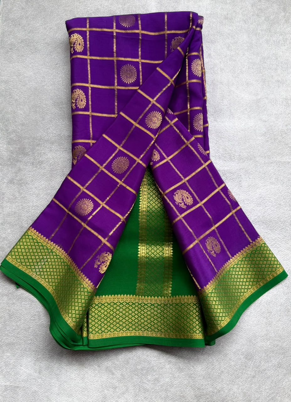 Purple Checks Pure Mysore Crepe Silk Saree 107