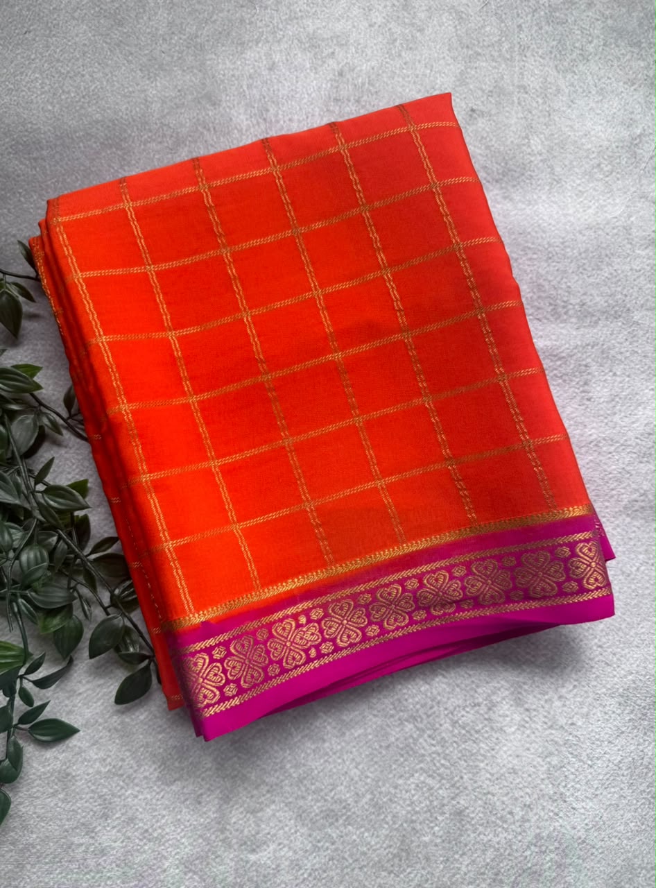 Orange Checks Pure Mysore Crepe Silk Saree 107