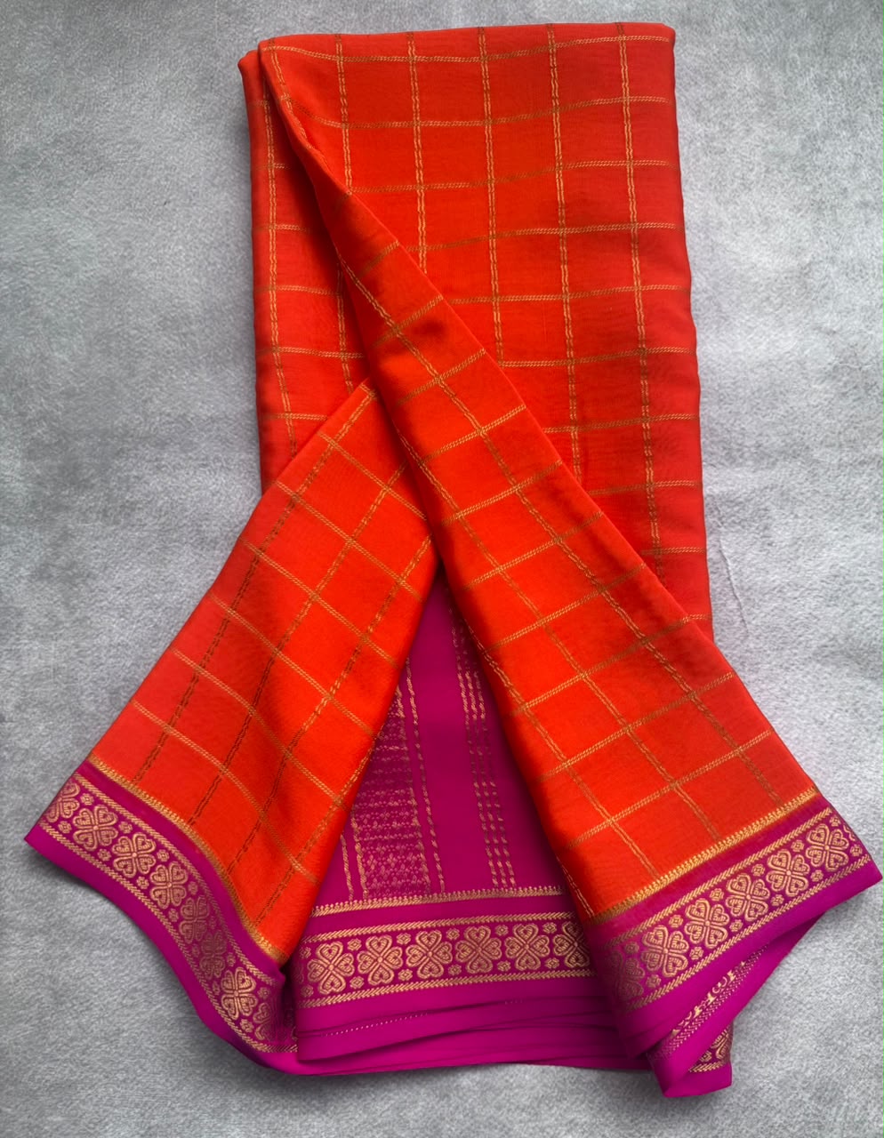 Orange Checks Pure Mysore Crepe Silk Saree 107