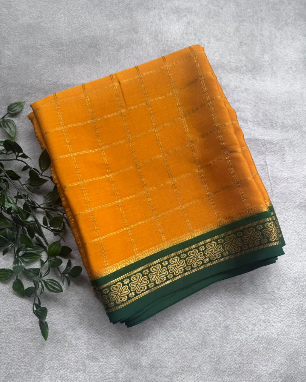 Mustard Checks Pure Mysore Crepe Silk Saree 107