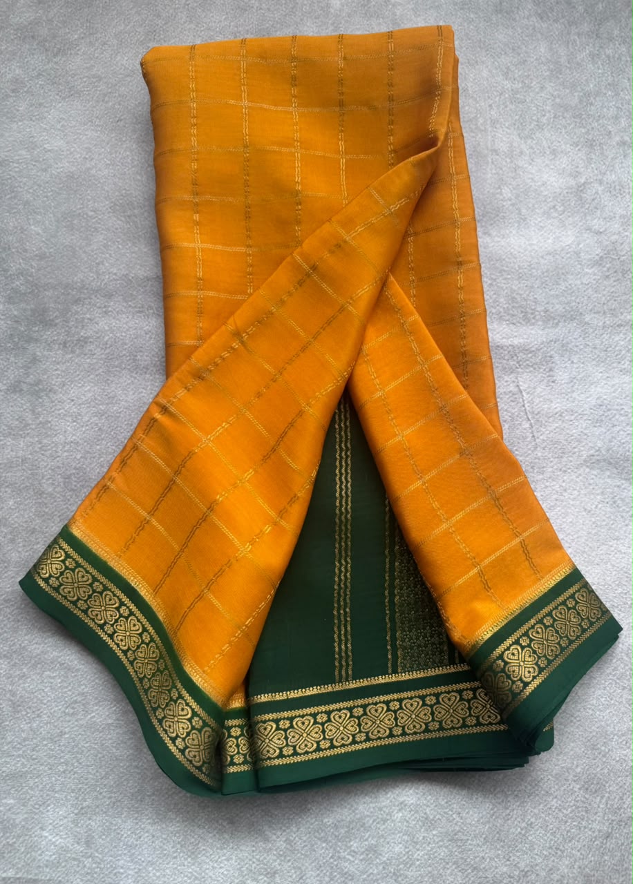 Mustard Checks Pure Mysore Crepe Silk Saree 107