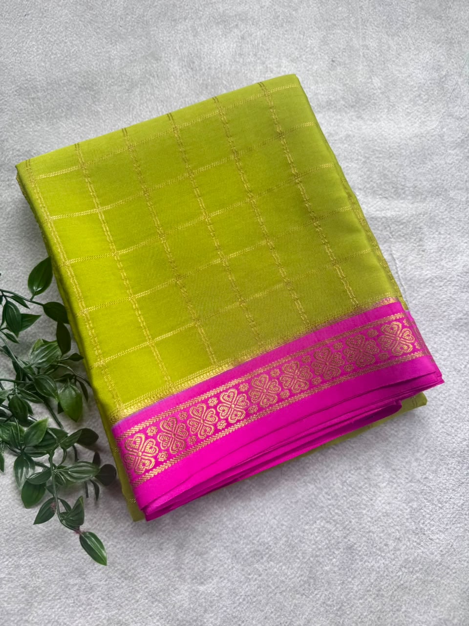 Mehandi Green Checks Pure Mysore Crepe Silk Saree 107