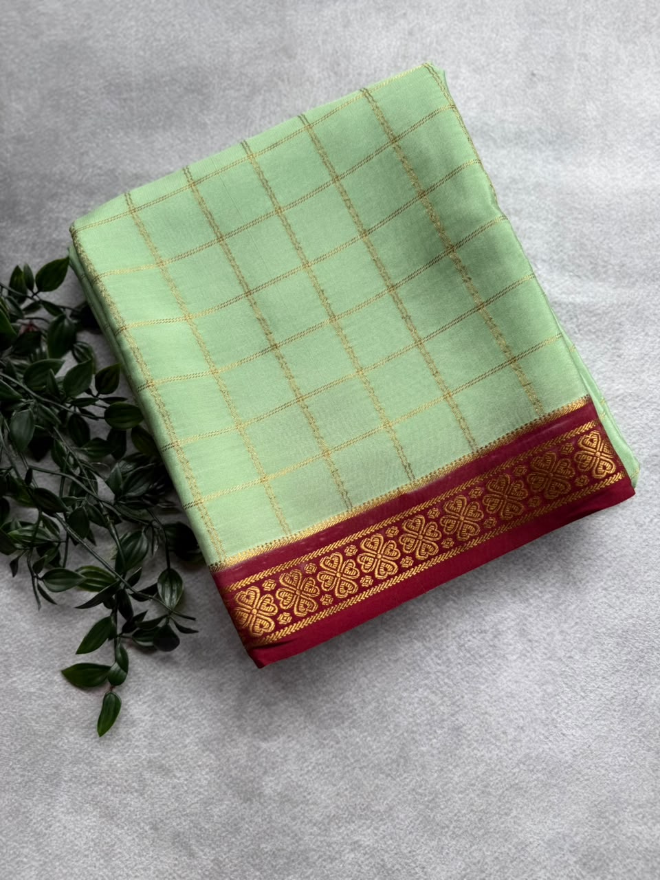 Pastel Green Checks Pure Mysore Crepe Silk Saree 107