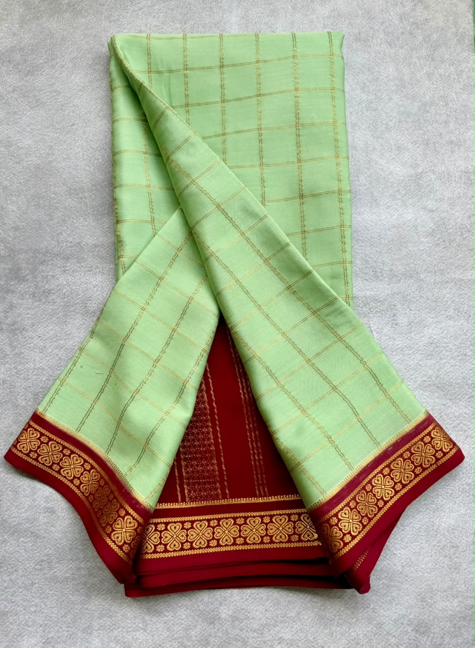 Pastel Green Checks Pure Mysore Crepe Silk Saree 107