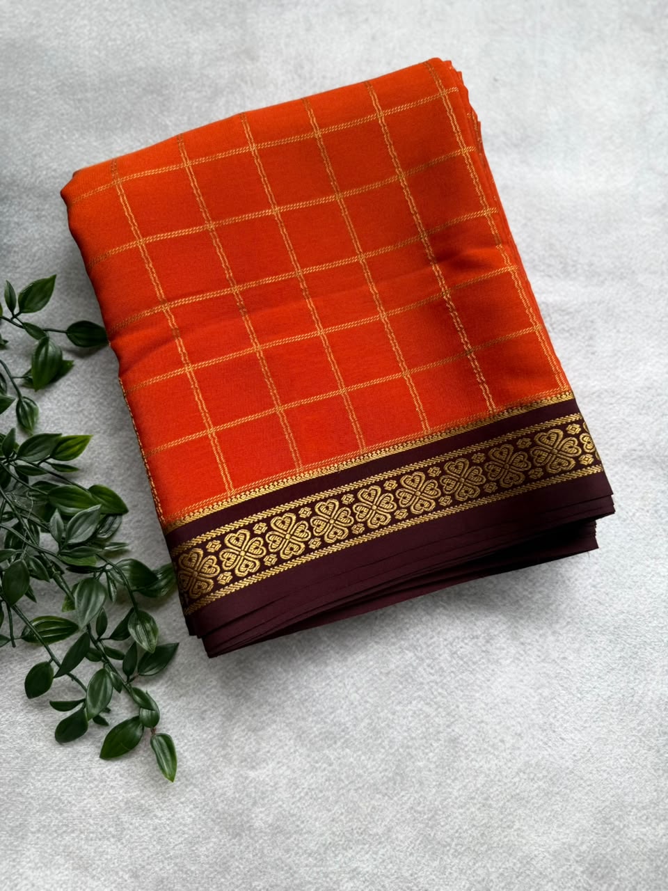 Orange Checks Pure Mysore Crepe Silk Saree 107