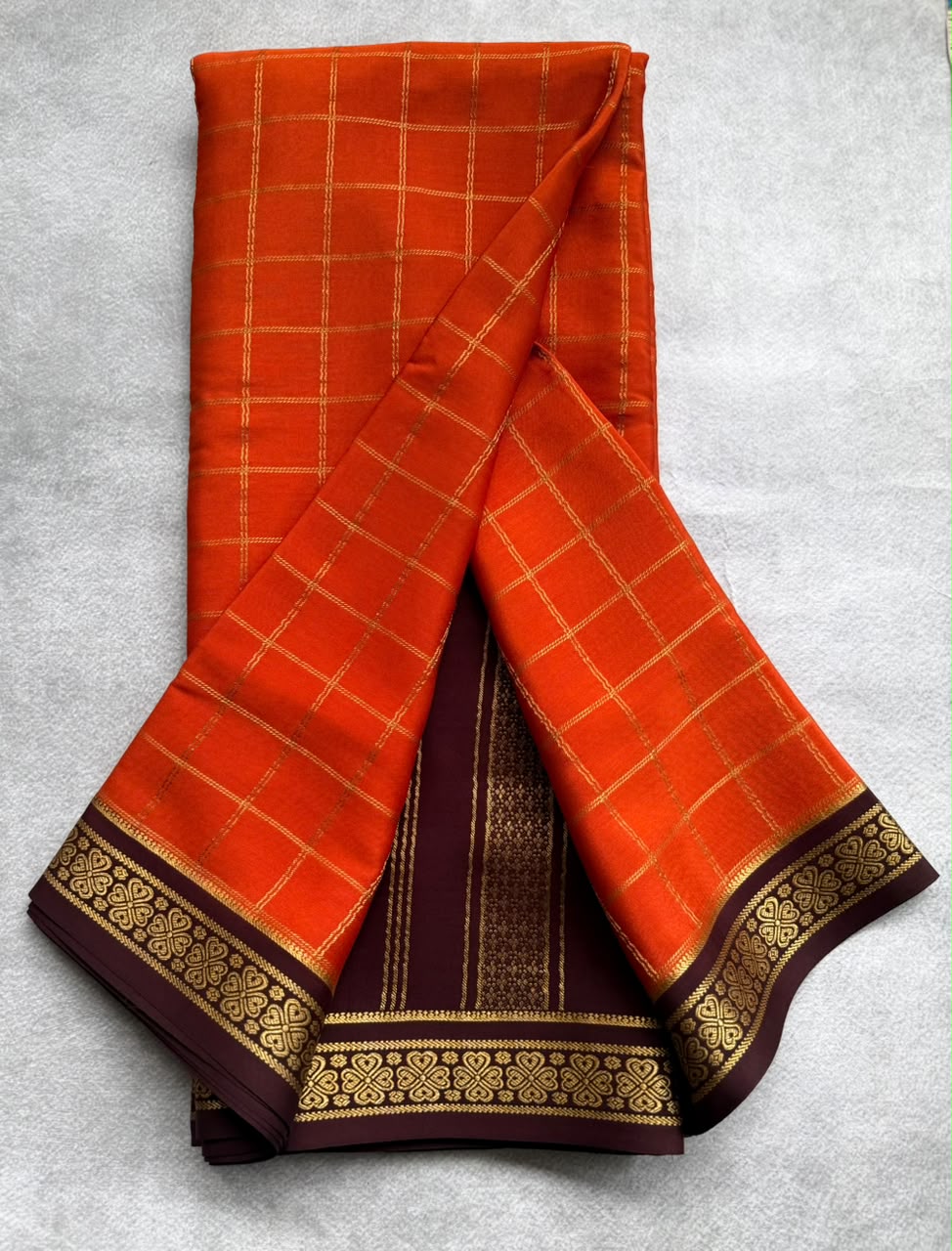 Orange Checks Pure Mysore Crepe Silk Saree 107