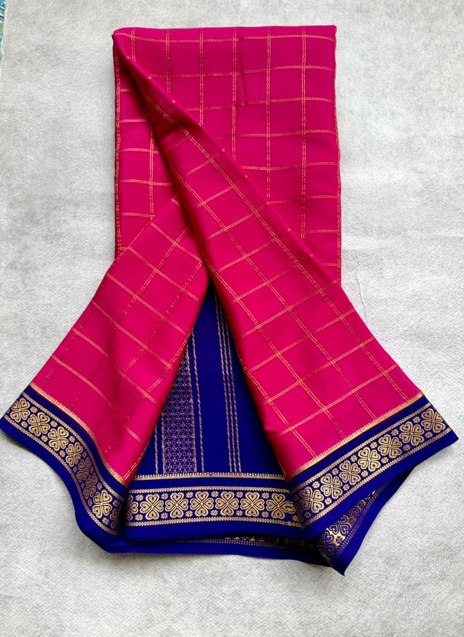 Magenta Checks Pure Mysore Crepe Silk Saree 107