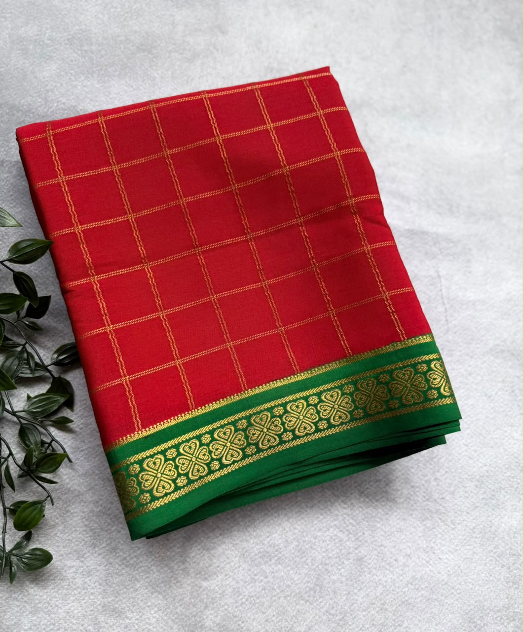 Red Checks Pure Mysore Crepe Silk Saree 107
