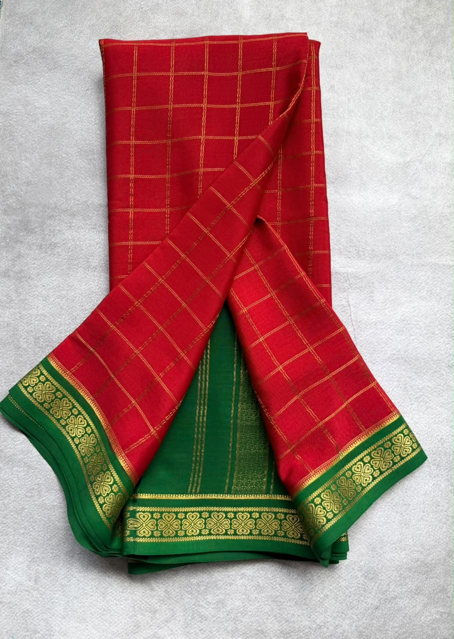 Red Checks Pure Mysore Crepe Silk Saree 107