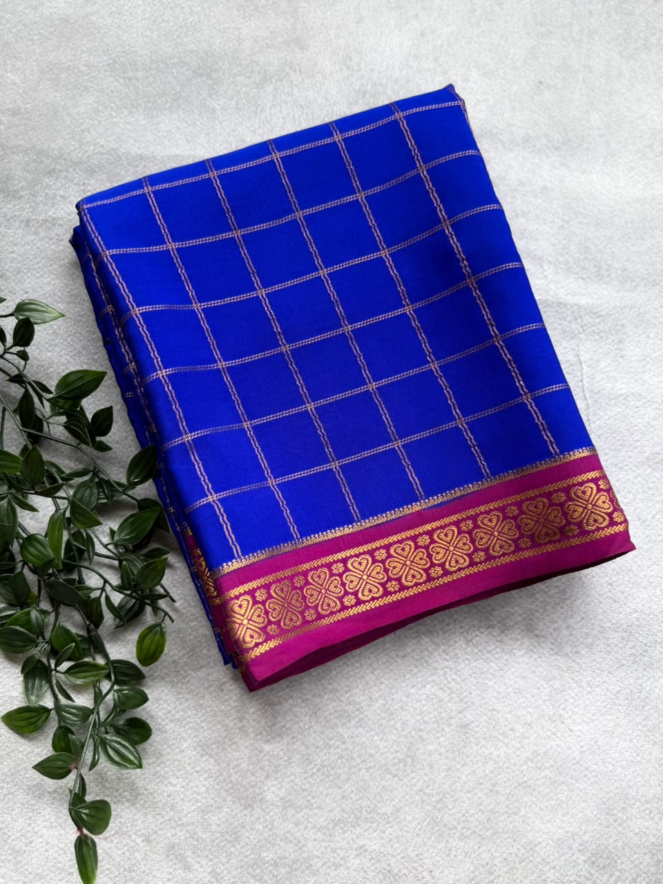 Royal Blue Checks Pure Mysore Crepe Silk Saree 107