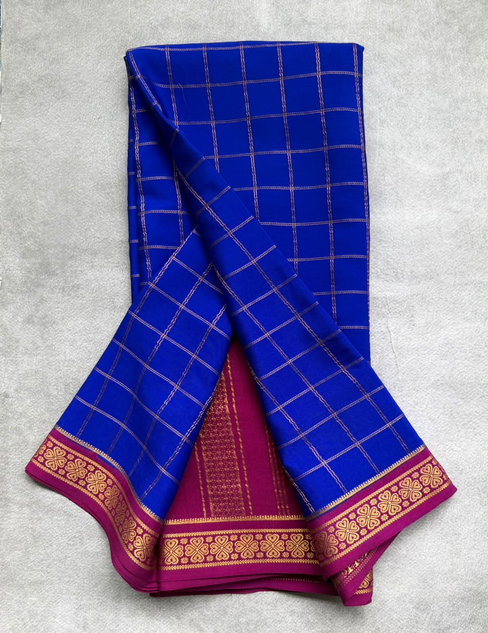 Royal Blue Checks Pure Mysore Crepe Silk Saree 107