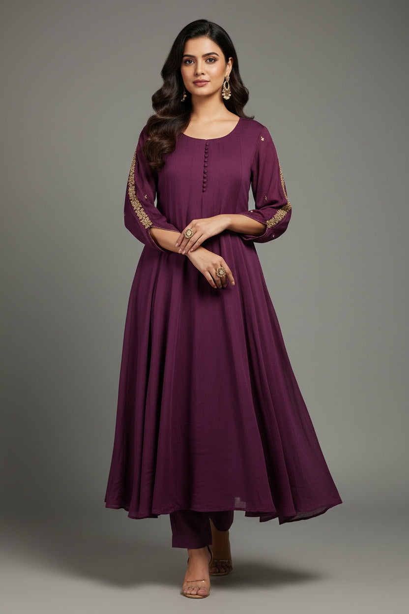 Wine Chinnon Hand Embroidery Airline Kurtha 404