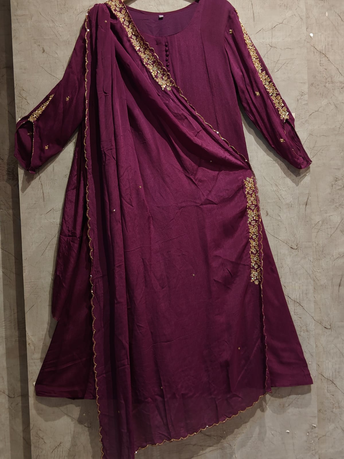 Wine Chinnon Hand Embroidery Airline Kurtha 404