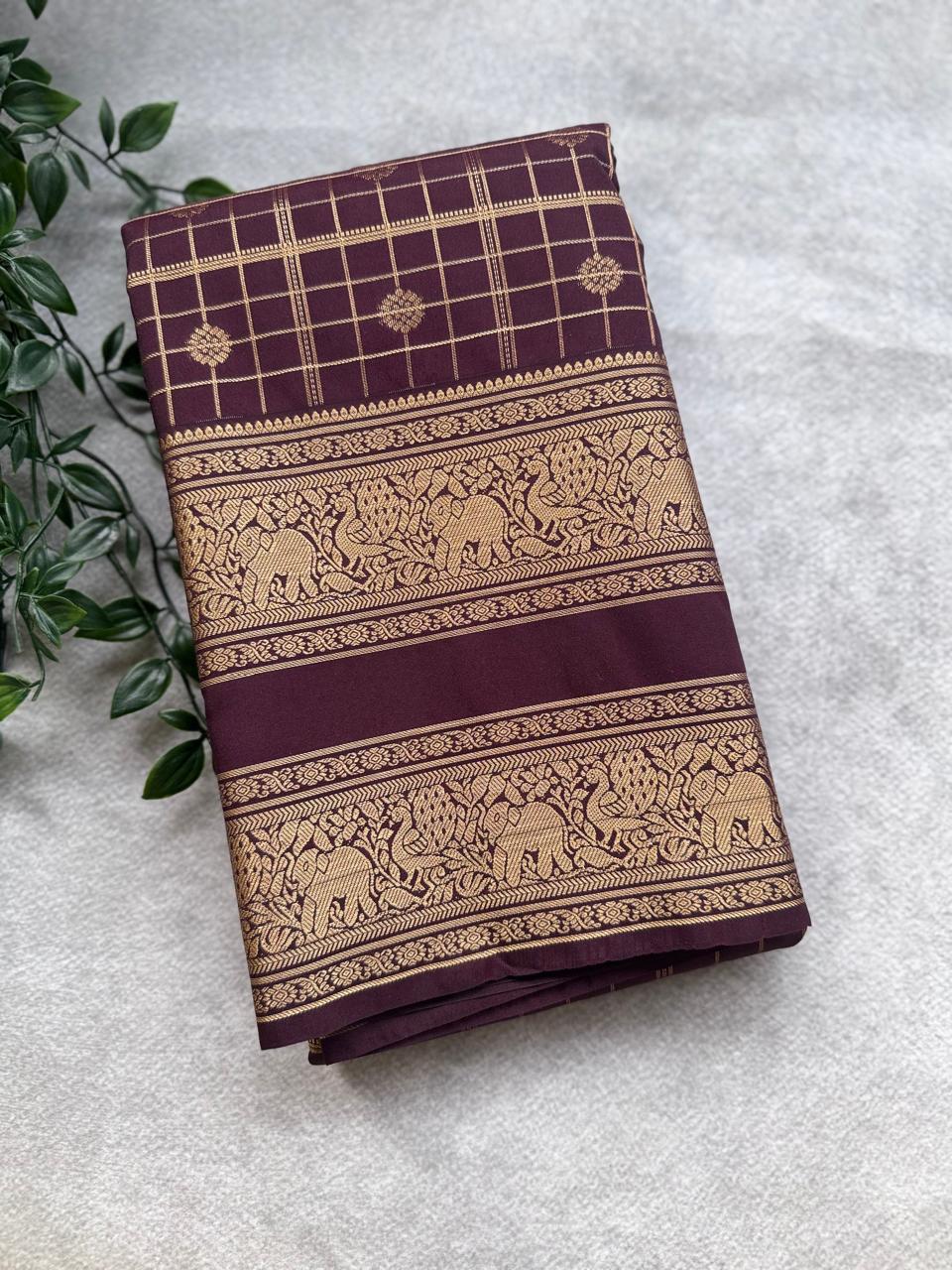 Brown Checks Semi Kanchi Saree 107