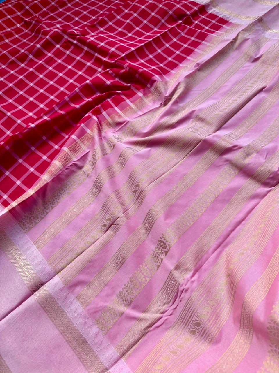 Red Checks Semi Kanchi Saree 107