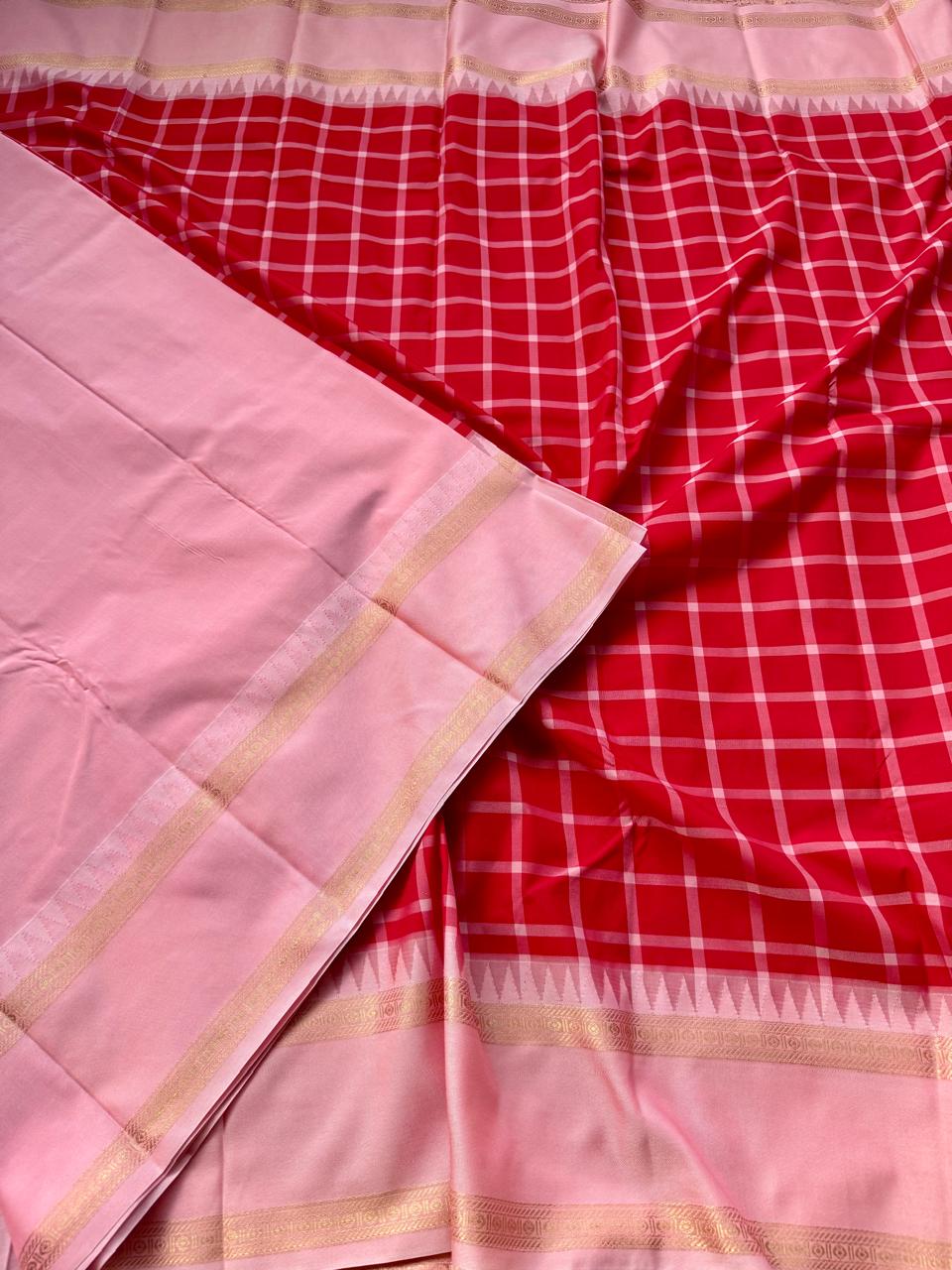 Red Checks Semi Kanchi Saree 107