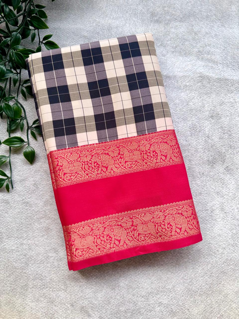Black n Red Checks Semi Kanchi Saree 107