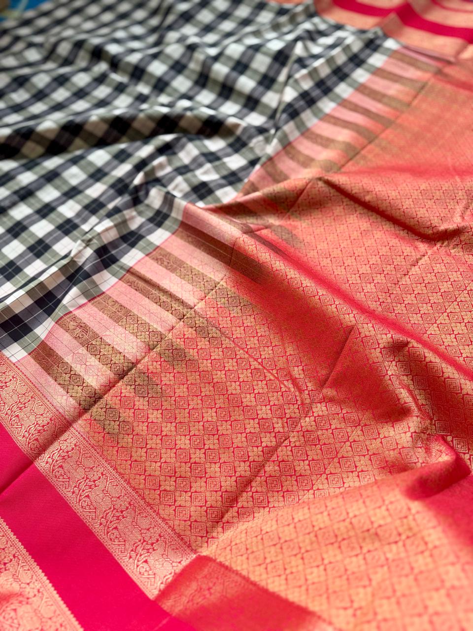 Black n Red Checks Semi Kanchi Saree 107