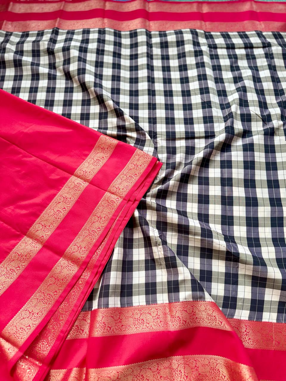 Black n Red Checks Semi Kanchi Saree 107