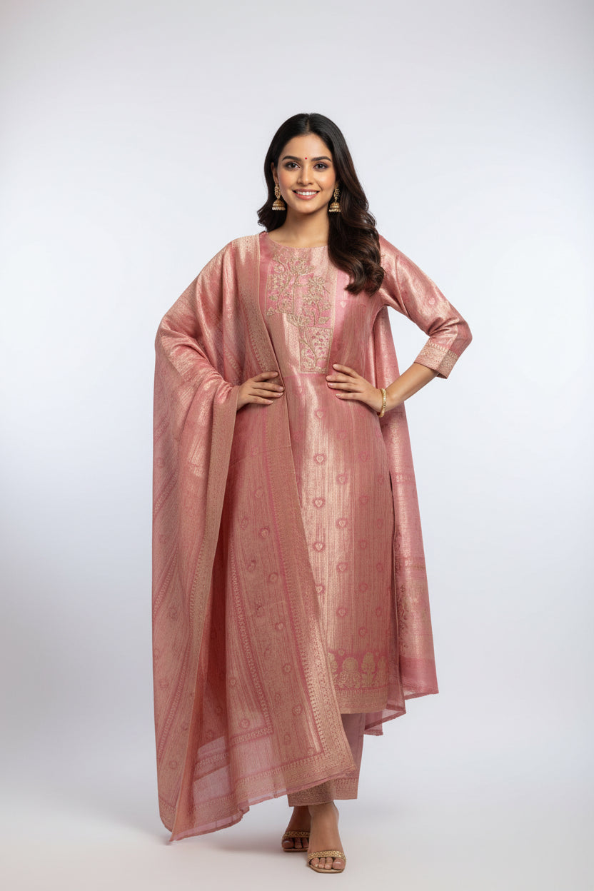 Baby Pink Banarasi Tissue Silk Straight Kurtha 112