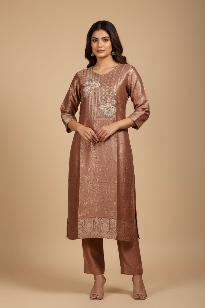 Brown Banarasi Tissue Silk Straight Kurtha 112