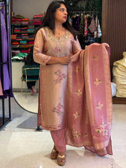 Onion Pink Banarasi Tissue Silk Straight Kurtha 112