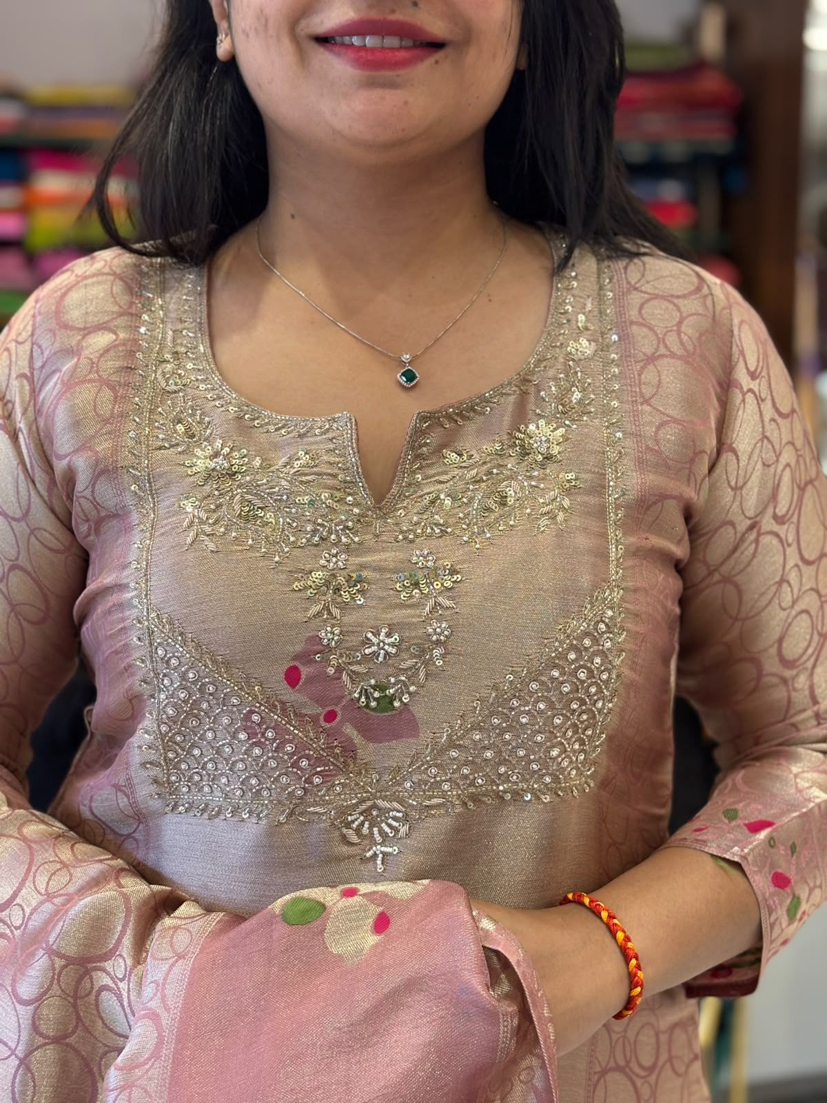 Onion Pink Banarasi Tissue Silk Straight Kurtha 112