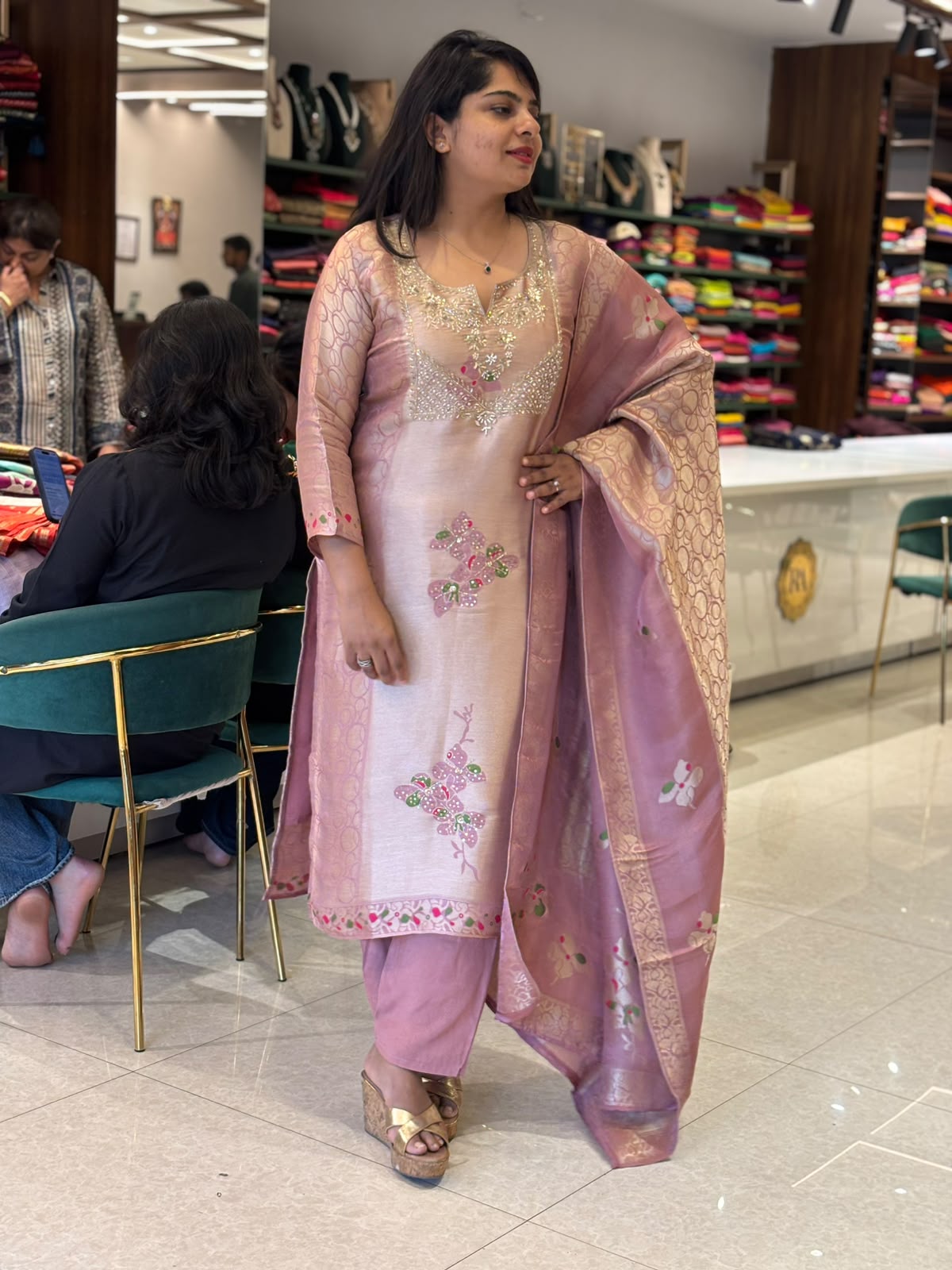 Onion Pink Banarasi Tissue Silk Straight Kurtha 112