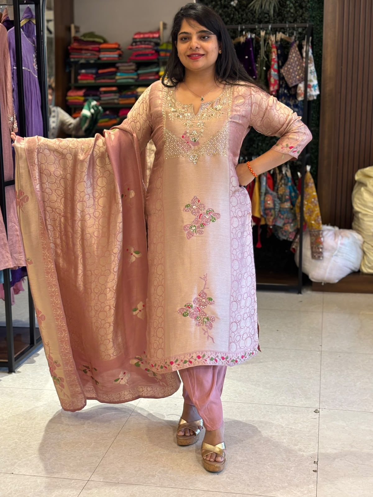 Onion Pink Banarasi Tissue Silk Straight Kurtha 112