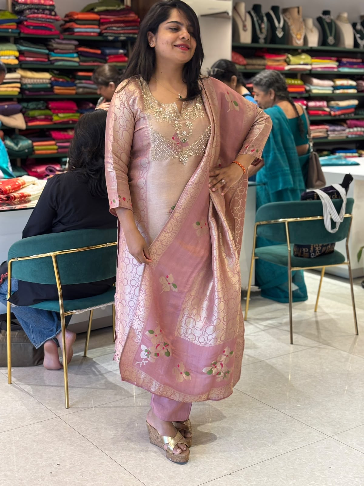 Onion Pink Banarasi Tissue Silk Straight Kurtha 112