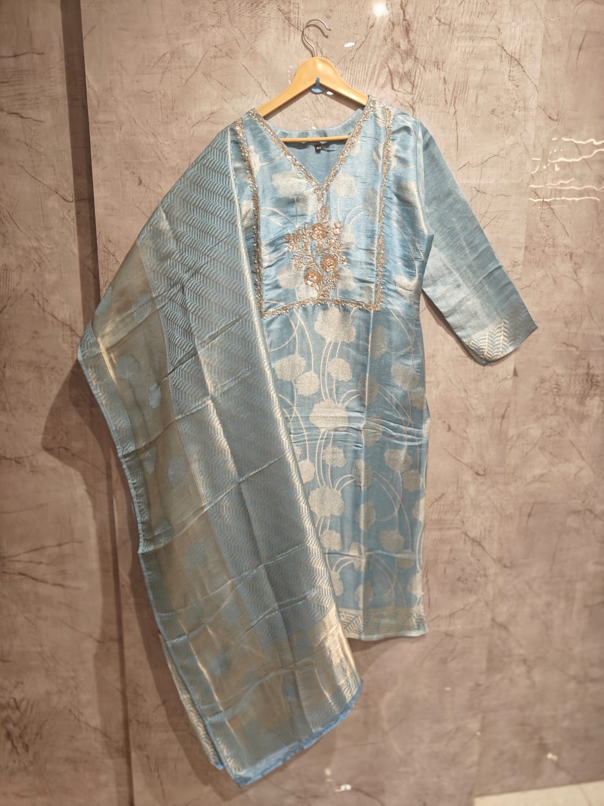 Sky Blue  Banarasi Tissue Silk Straight Kurtha 112