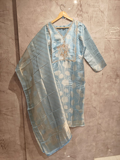 Sky Blue  Banarasi Tissue Silk Straight Kurtha 112