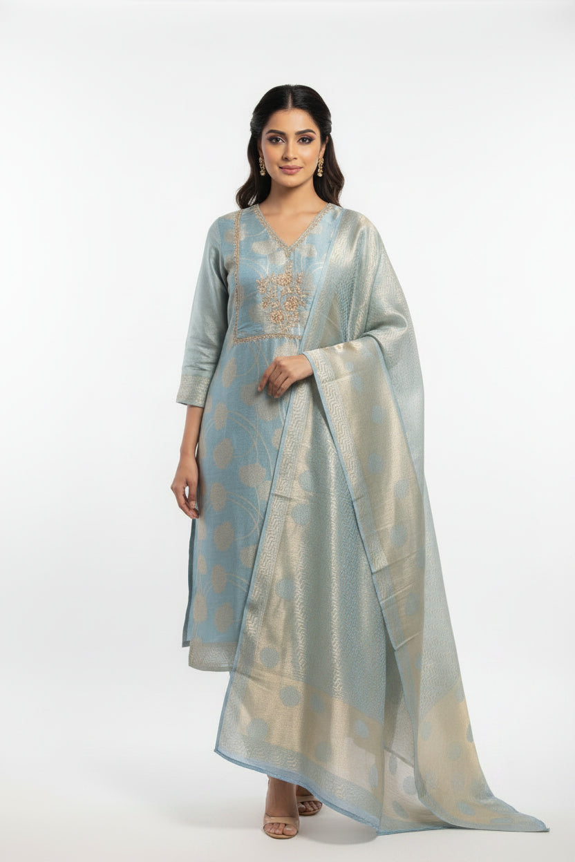 Sky Blue  Banarasi Tissue Silk Straight Kurtha 112