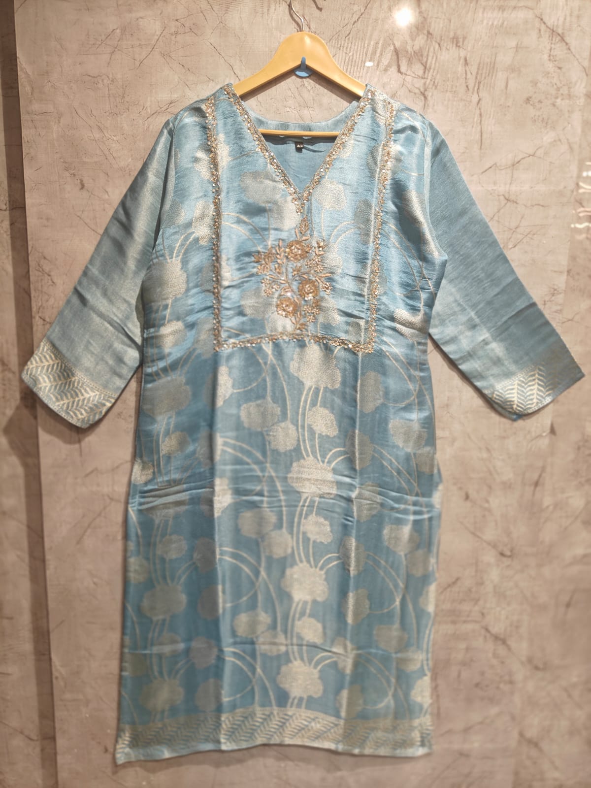 Sky Blue  Banarasi Tissue Silk Straight Kurtha 112