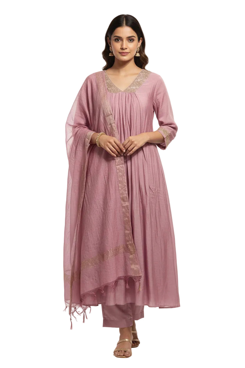 Lavender Mul Chanderi Hand Embroidery Airline Kurtha 324