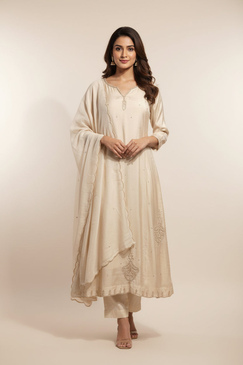 Cream Chinnon Hand Embroidery Airline Kurtha 898