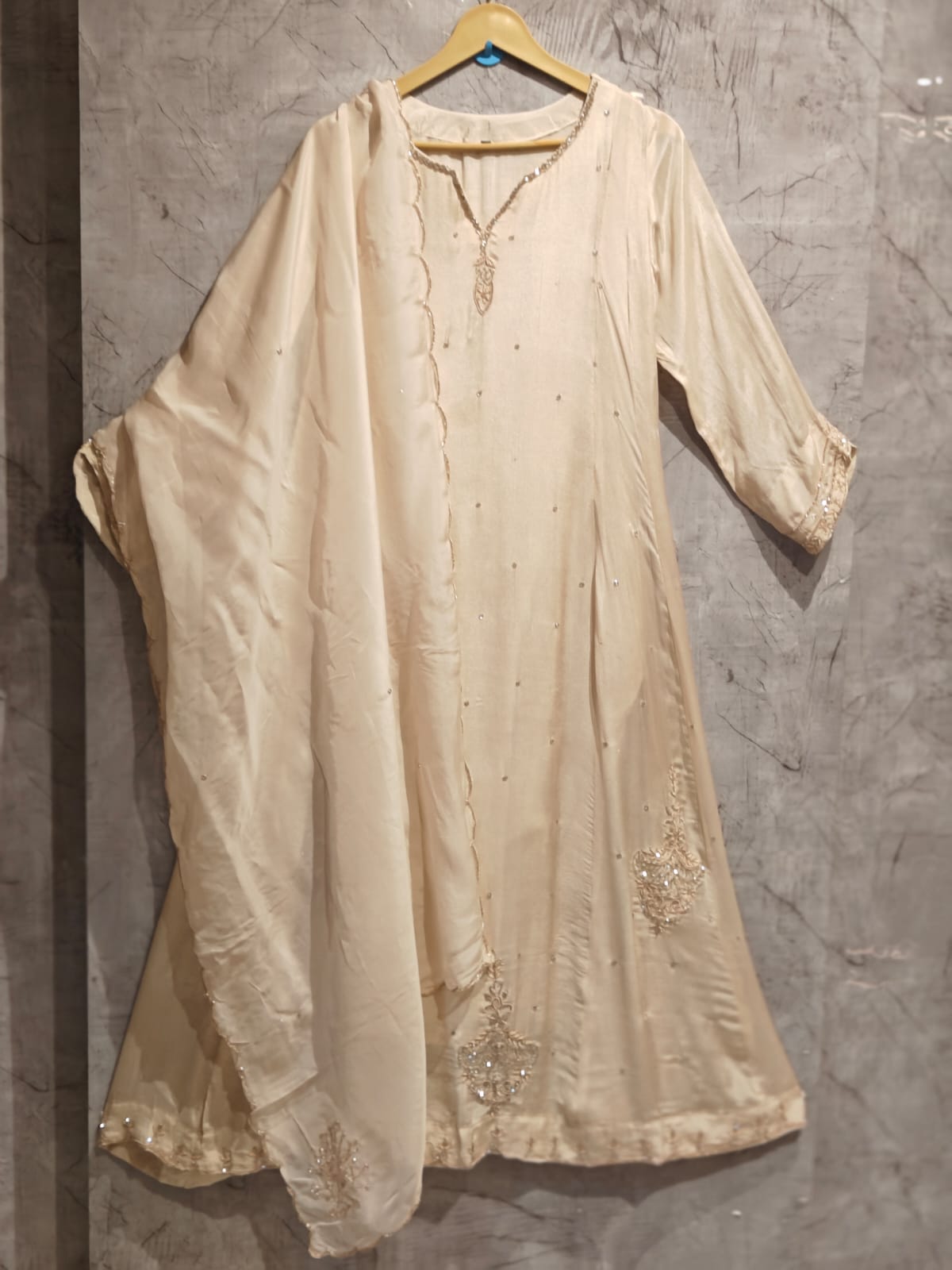 Cream Chinnon Hand Embroidery Airline Kurtha 898