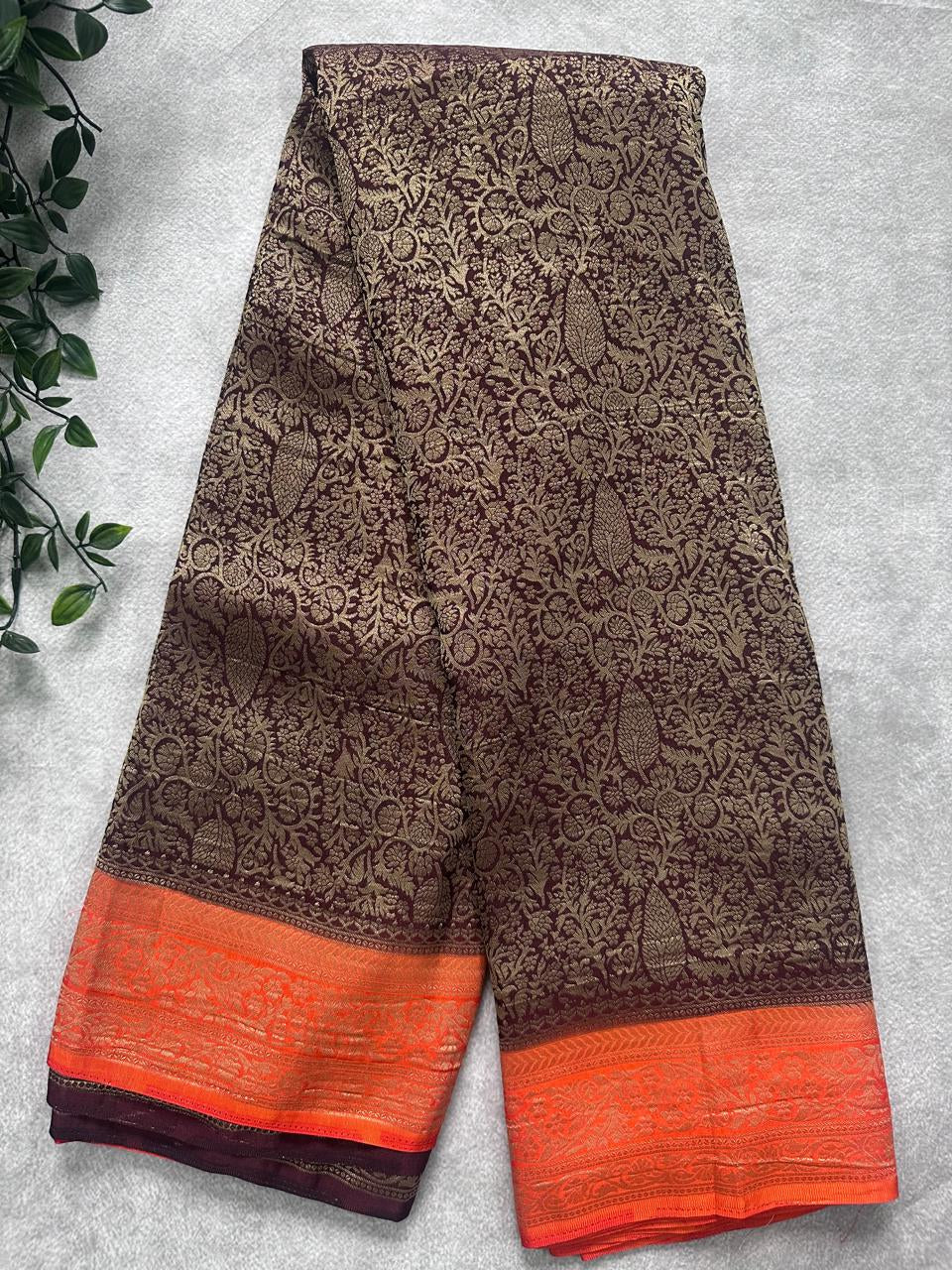 Brown Brocade Semi Georgette Saree 107